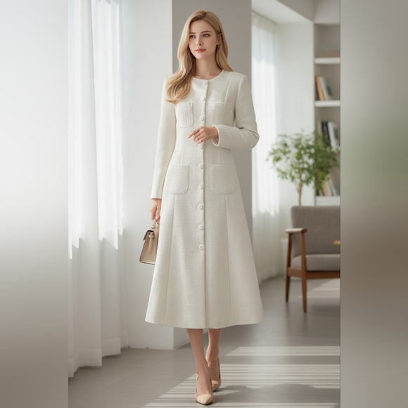 Dresses & Skirts - Ivory Button Front Coat Dress  Tweed Style Long Sleeve Elegant Dress
